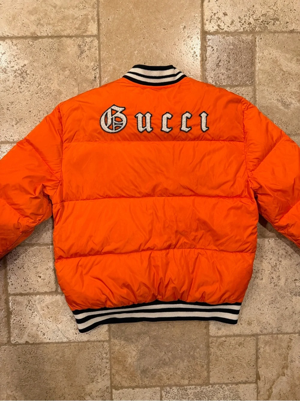 Gucci x MLB New York Yankees Orange Puffer Padded Bomber Jacket